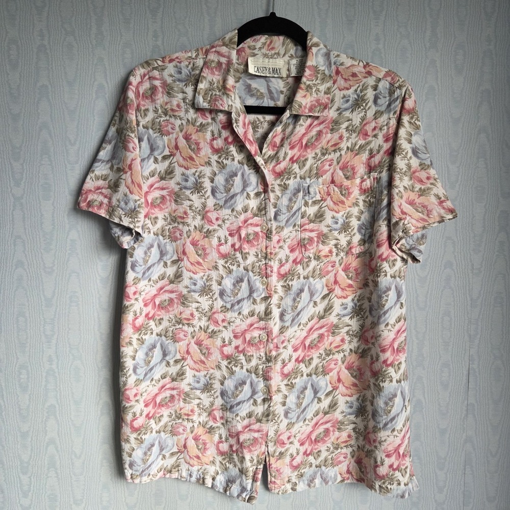 Vtg 70s 80s Womens M Linen Blend Floral Button Down Short Sleeve Shirt Pastel - Picture 1 of 7